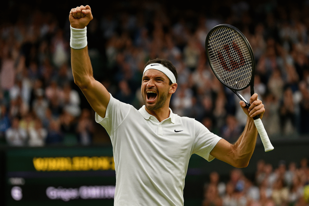 Grigor Dimitrov celebrates victory at Wimbledon 2025